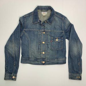 Levis Crop Denim Jacket Medium Blue Fade Pin Tuck
